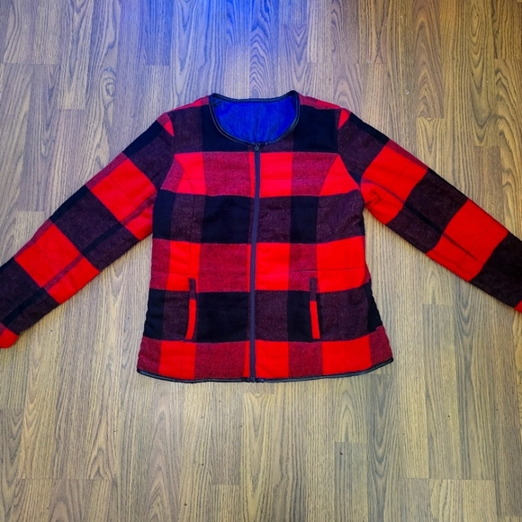 Tribal Reversible Red & Black Fleece Buffalo Plaid Denim Jacket M A26 - Picture 7 of 14